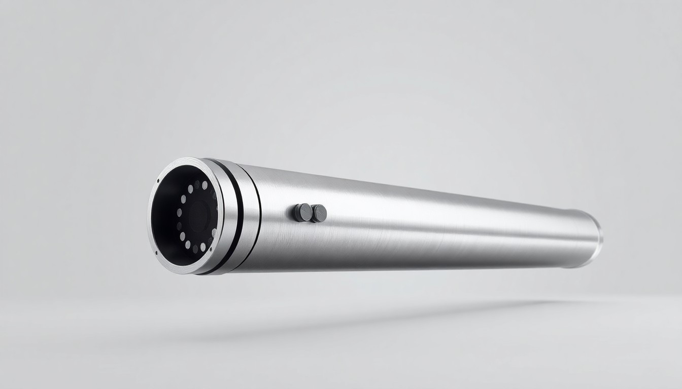 A close-up view of a polished, premium steel pipe section with a digital sensor array embedded in the surface, floating on a clean, monochromatic background, conceptually representing the advanced metallurgy and smart digital integration transforming the OCTG industry.