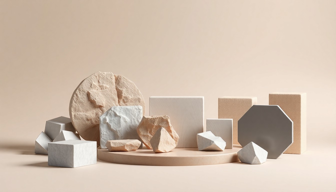 A photorealistic studio still-life featuring a collection of sleek, geometric objects made from polished raw materials, arranged elegantly on a clean, monochromatic background, conceptually representing the advanced materials and technologies shaping the cooling fabrics industry.