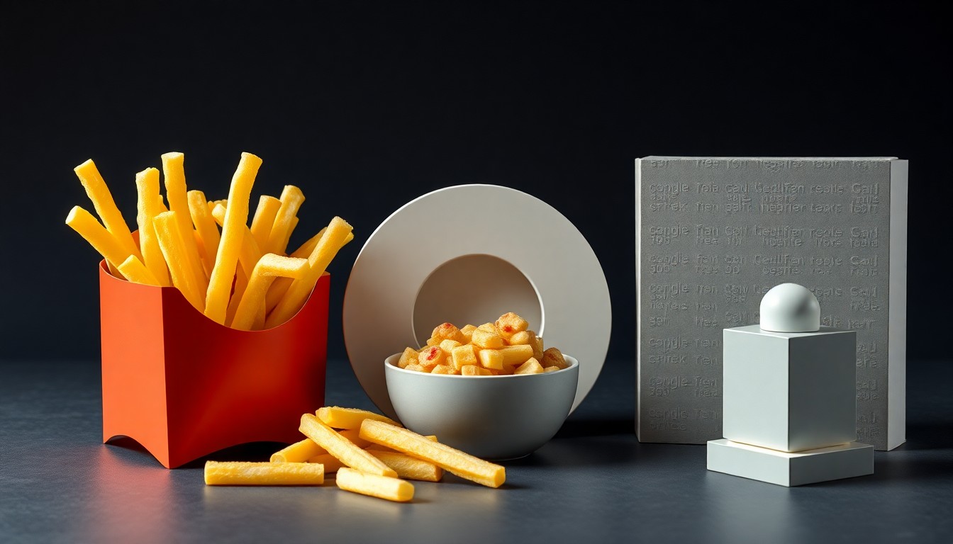 A high-end, photorealistic studio still-life photograph featuring a carefully arranged composition of polished metal, glass, and wood objects, conceptually representing the abstract business strategies and financial growth driving the expanding French fries industry.