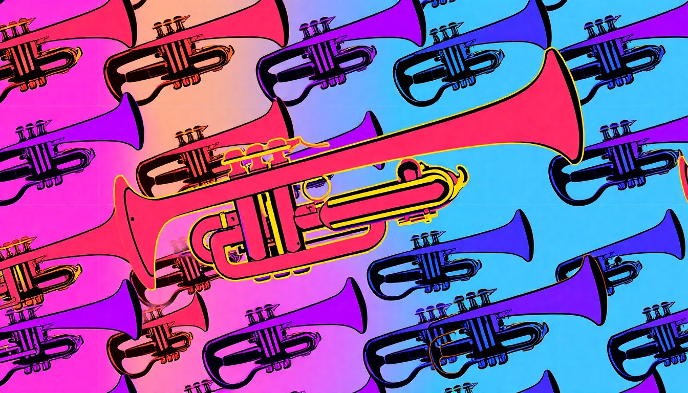 A vibrant, high-contrast silkscreen print of a jazz trumpet repeated in a grid pattern, capturing the energy and artistry of the Osceola County School for the Arts Jazz A Band's national recognition.