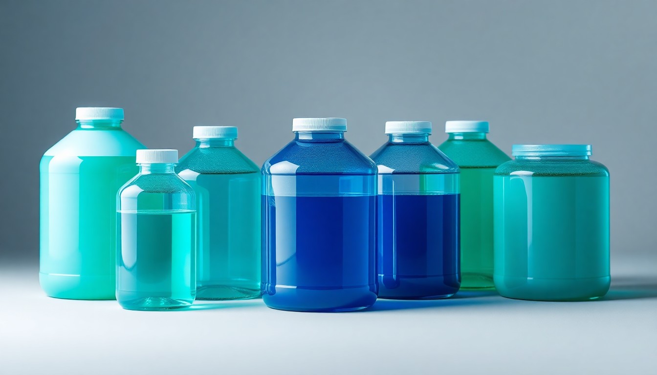 A photorealistic studio still-life image featuring a group of polished, geometric propylene carbonate containers in shades of blue and green, arranged elegantly on a clean, monochromatic background and using dramatic lighting to convey the abstract concept of chemical solvents and their role in modern industrial processes.