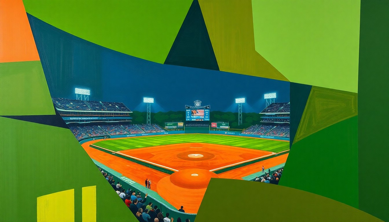 A fragmented, geometric painting depicting the dynamic action and competitive energy of a college baseball game, with sharp planes of deep blue, green, and orange hues.