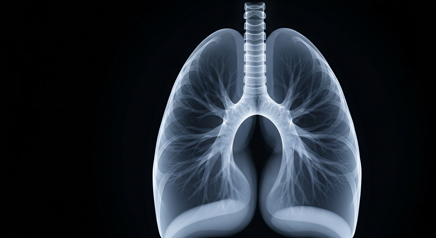 A translucent X-ray image showing the intricate structure of a human lung, glowing against a dark background, conveying the concept of early cancer detection through non-risk-based screening.