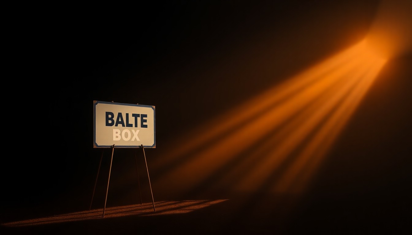 A serene, photorealistic painting of a lone ballot box or campaign sign in a dimly lit urban setting, with soft, warm light and deep shadows creating a contemplative, nostalgic mood.