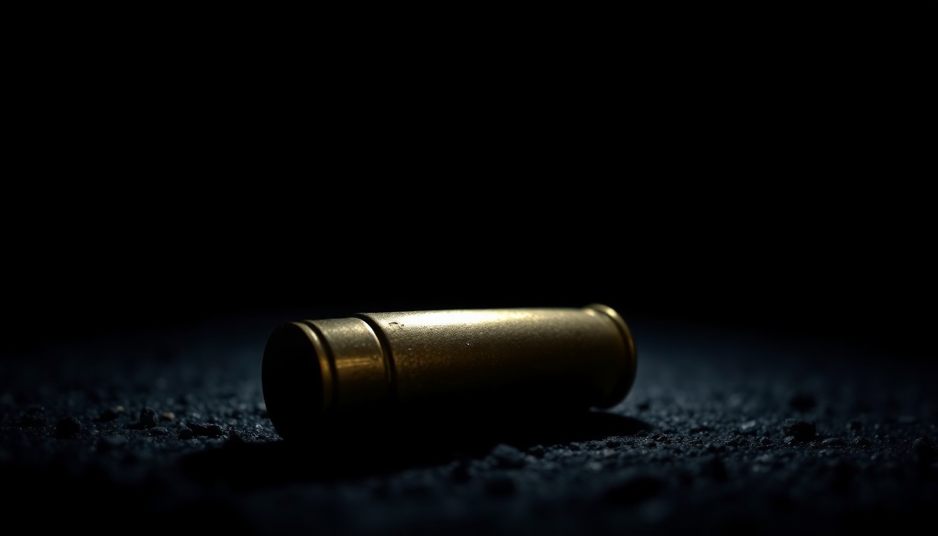 An extreme close-up photograph of a spent bullet casing on the ground, reflecting a harsh flash of light and creating a stark, gritty, investigative aesthetic.