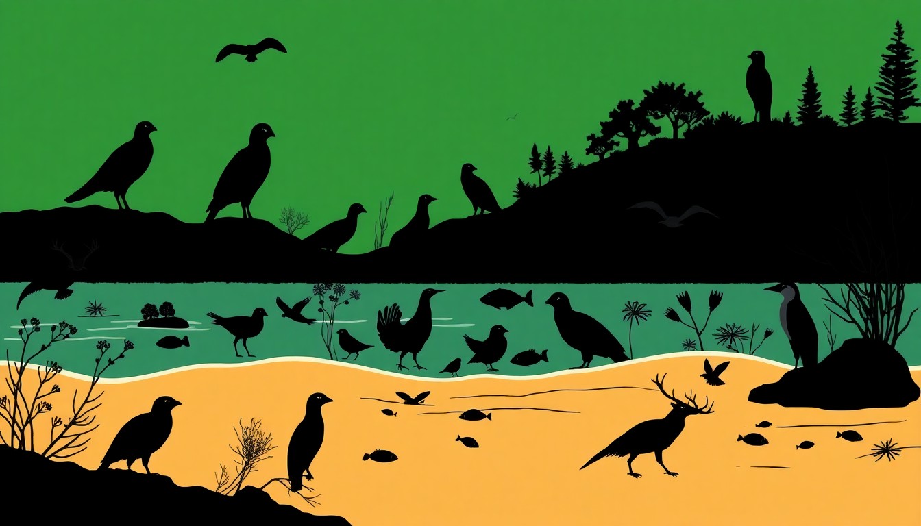 An abstract illustration featuring jagged black silhouettes of birds, fish, and plants against a backdrop of geometric shapes in shades of green, blue, and brown, conceptually representing the diverse ecosystem of the Green Bay estuary.
