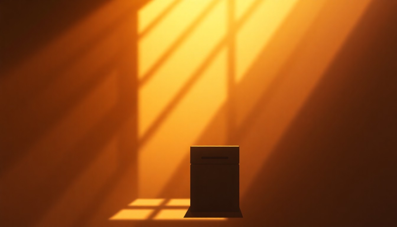 A serene, photorealistic painting of a lone ballot box sitting on a wooden table, the box's metallic surface reflecting the warm glow of sunlight streaming through a nearby window. The scene conveys a sense of civic duty and the weight of the democratic process.