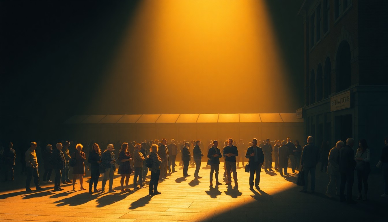 A group of people gathered in a public square, their faces and bodies obscured by warm light and deep shadows, conveying a sense of collective action and determination.