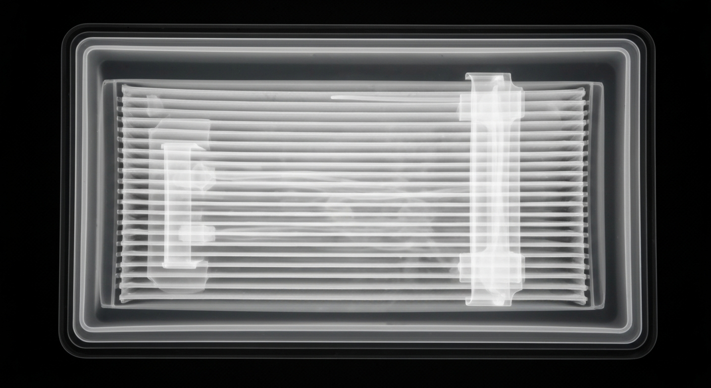 A highly detailed, translucent X-ray photograph showing the complex internal structure of an air filter or HVAC component, conceptually representing the technical solutions available to improve indoor air quality for allergy relief.