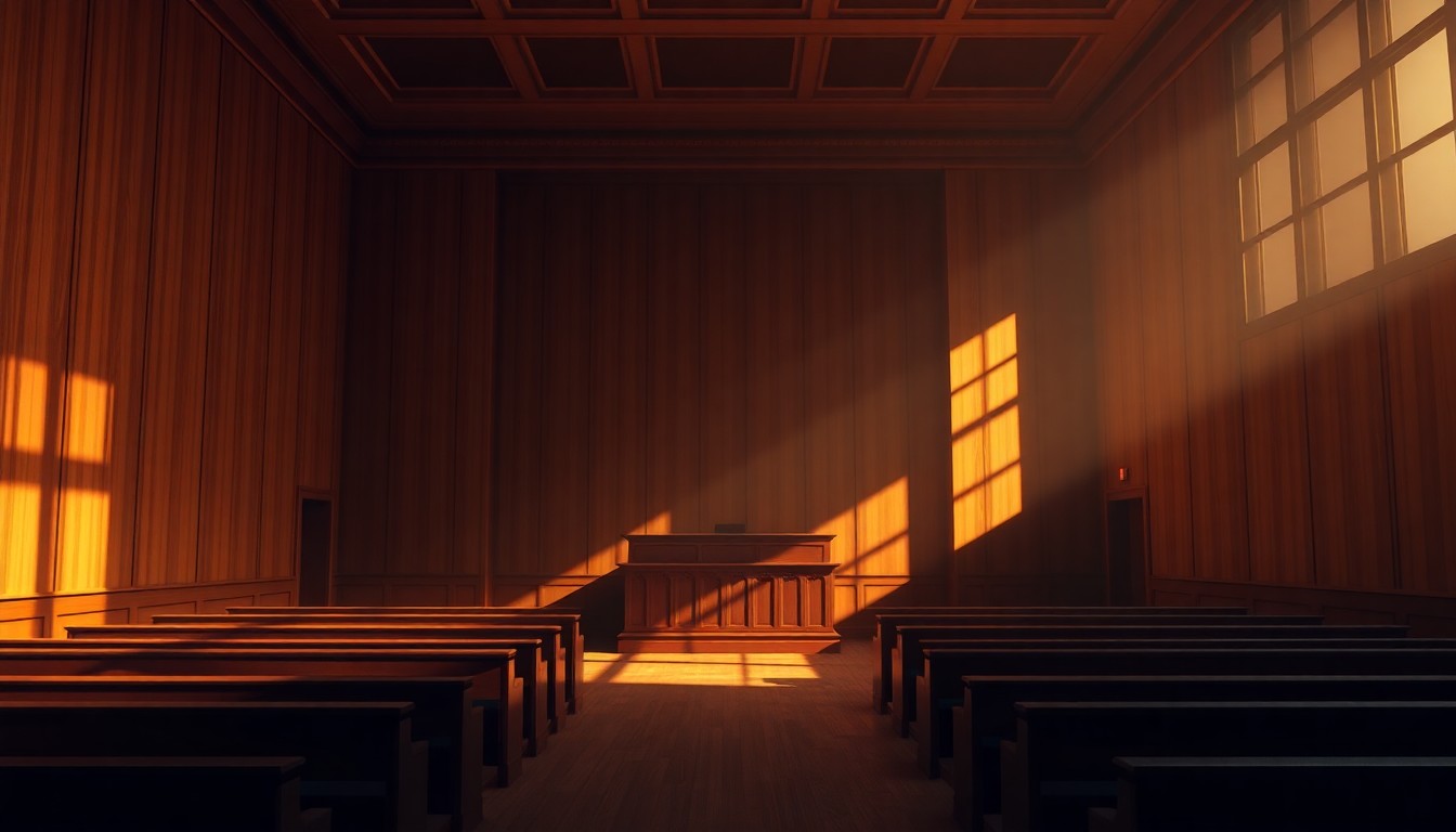 A dimly lit, empty courtroom with wooden benches and a judge's bench, the space filled with warm, golden light streaming in from a window, creating deep shadows and a sense of quiet contemplation.