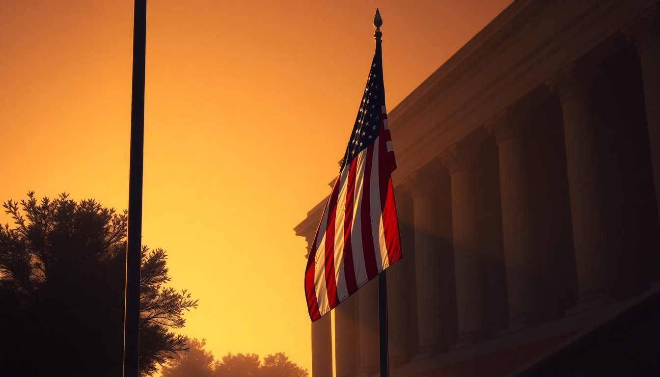 A somber, cinematic painting of an American flag hanging on a government building, the warm light and deep shadows conveying a sense of quiet reflection and loss.