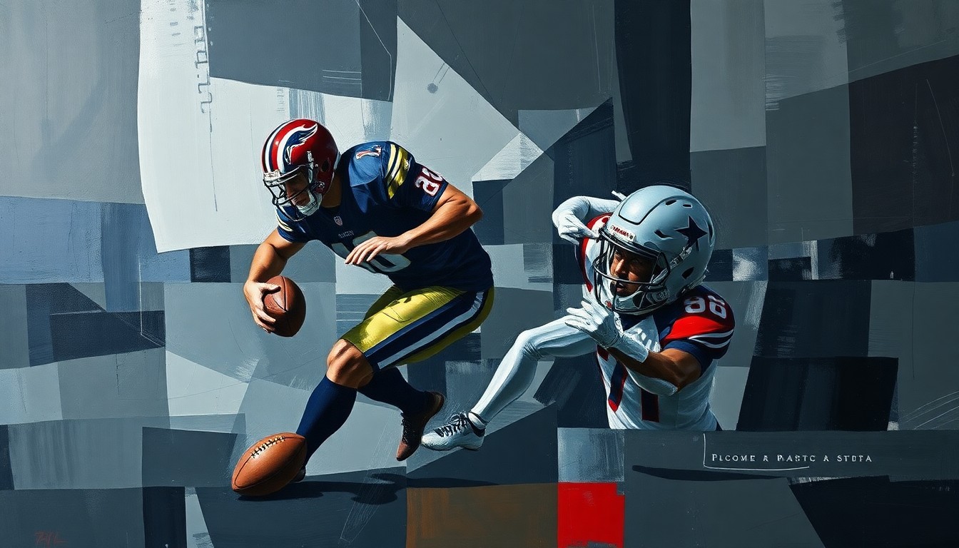 A cubist, geometric painting depicting a football player in motion, their body fractured into overlapping planes of dark greys, navy blues, and deep reds, conveying the fragmented nature of the failed trade deal.