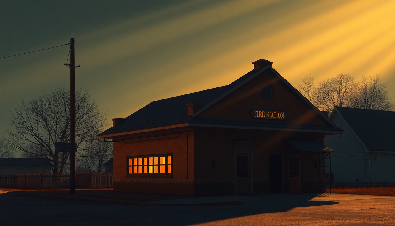 A nostalgic painting of an old brick fire station in a small town, with warm light and deep shadows creating a sense of quiet contemplation around the building.