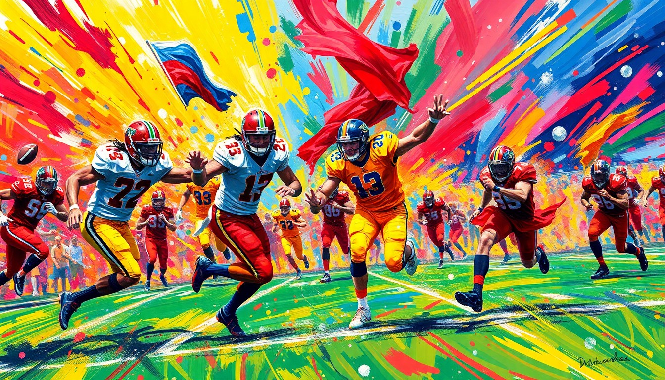 An abstract, energetic painting in neon colors depicting the dynamic movements and action of a flag football game.