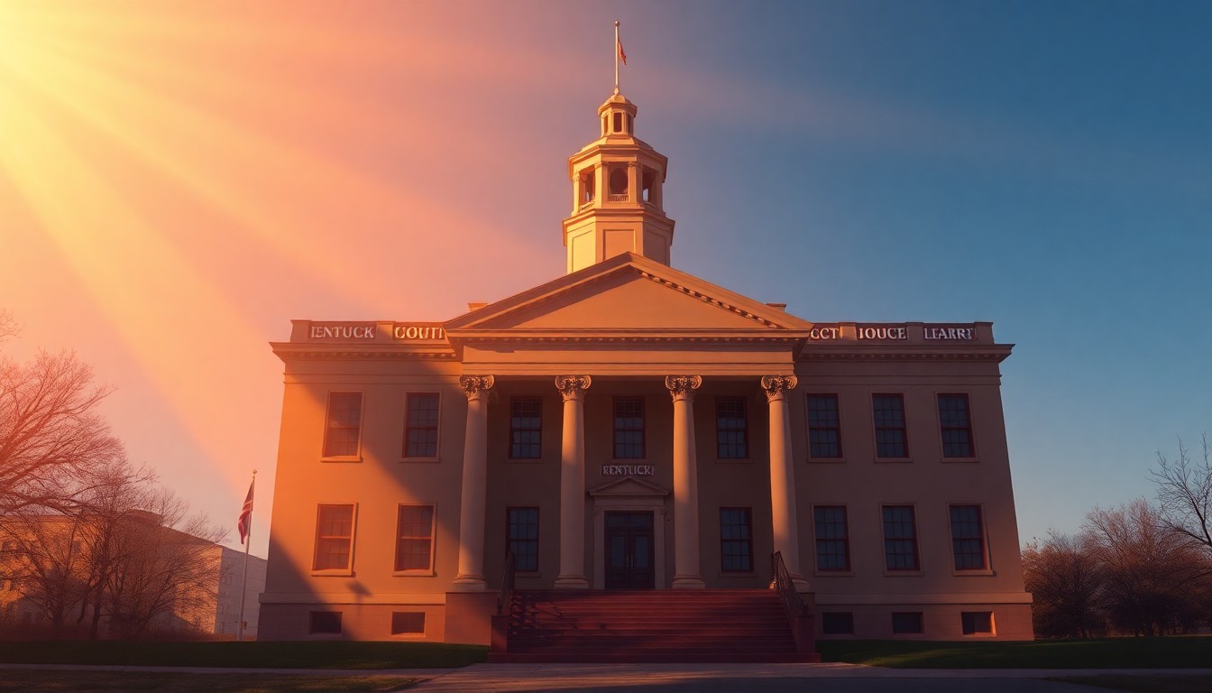 A photorealistic painting of a stately Kentucky courthouse, its facade and steps cast in warm, golden light and deep shadows, conveying a sense of judicial gravity and the solemnity of the law.
