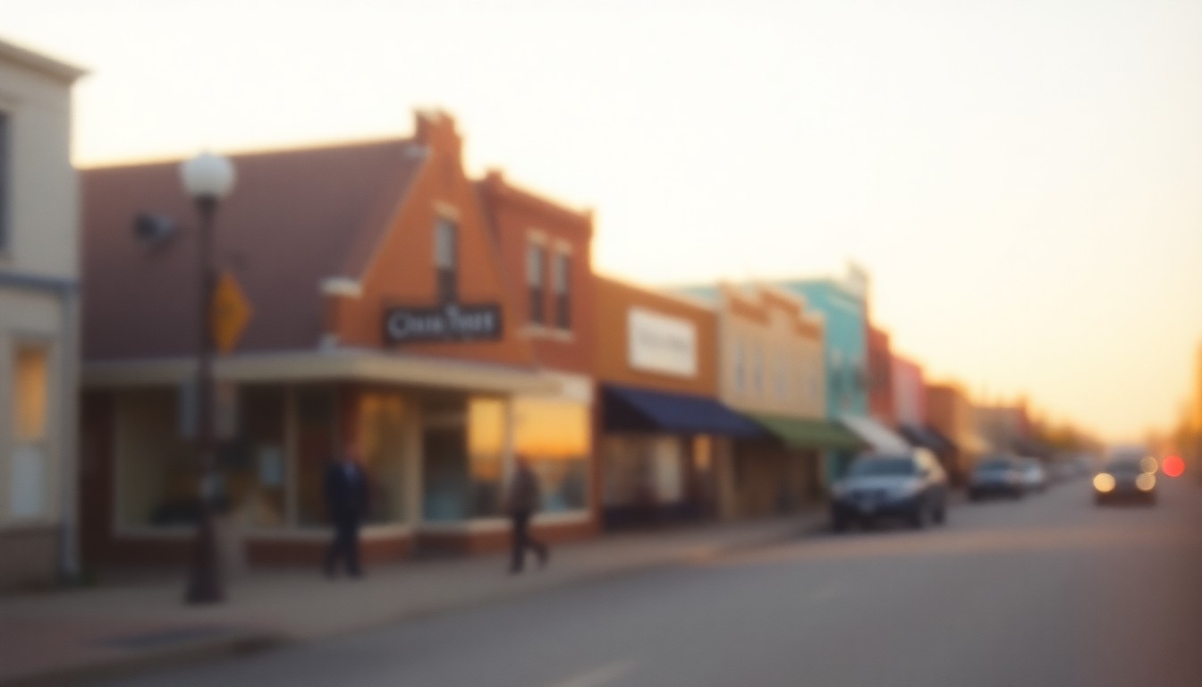 An extremely blurred and abstracted photograph showing the faint outlines of storefronts and pedestrians on a small-town main street, conveying a sense of warm, nostalgic community through the use of soft, hazy colors and an out-of-focus composition.