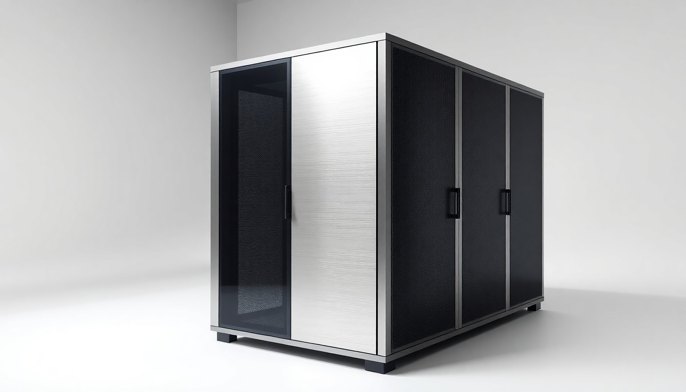 A photorealistic studio still-life image featuring a sleek, polished modular data center unit made from premium materials, floating on a clean white background with dramatic studio lighting and deep shadows, conceptually representing the power and efficiency of AI-ready modular data center infrastructure.
