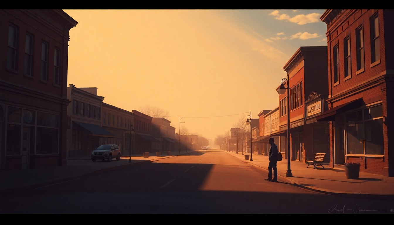A serene, nostalgic painting of a rural Midwestern town square with a lone figure standing on the sidewalk, capturing the importance of community and local leadership.