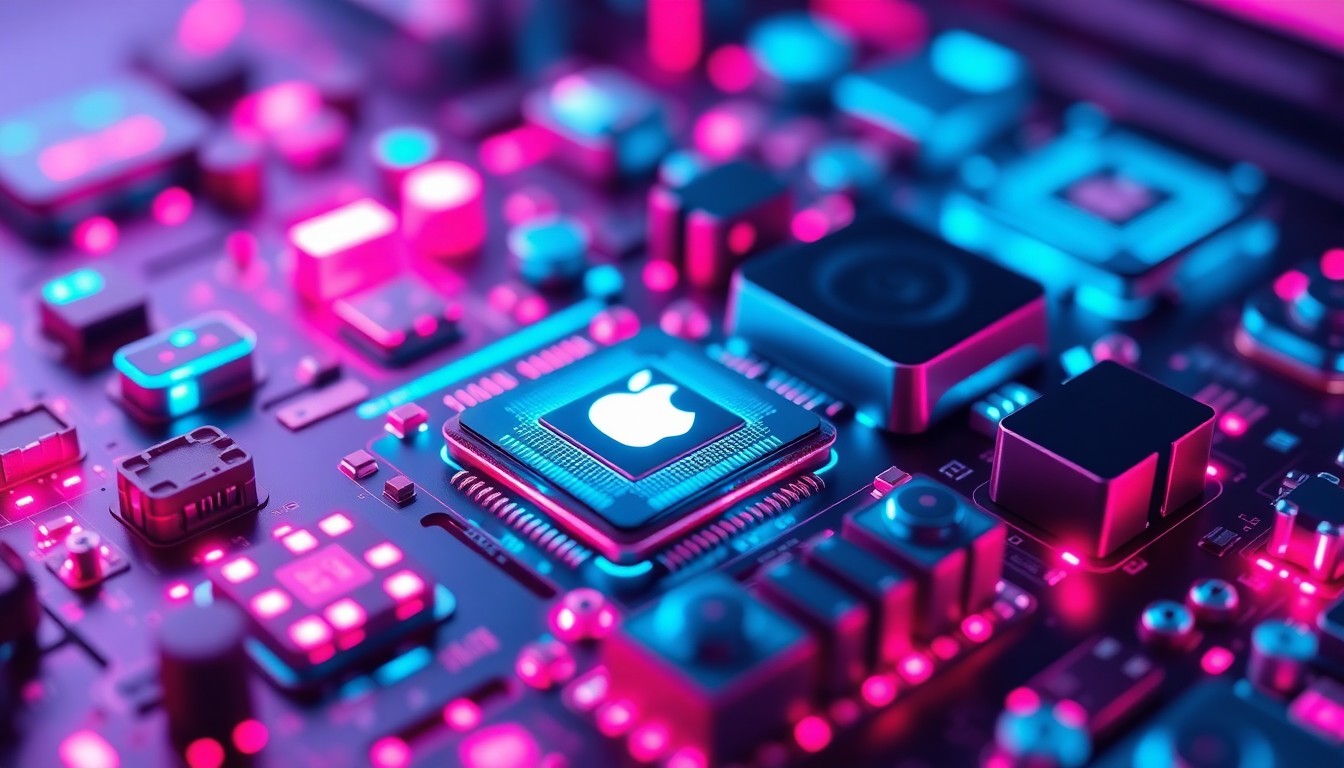 A highly detailed, glowing 3D illustration of Apple's AI-powered hardware and infrastructure, featuring illuminated processors, sensors, and other recognizable tech elements, conceptually representing the company's push into the AI era.