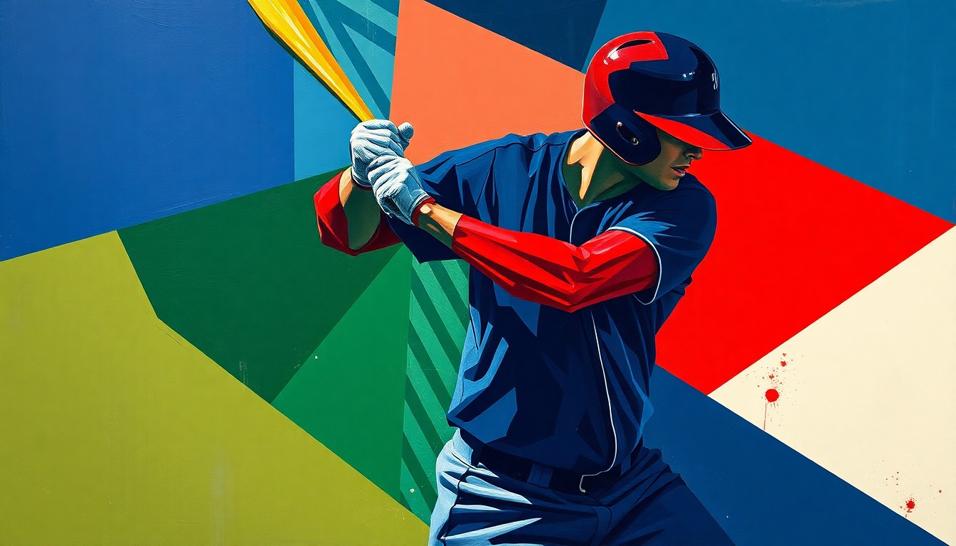 A fragmented, cubist-style painting depicting the dynamic motion of a baseball player in shades of navy, green, and red, conveying the energy and potential of a rising prospect.