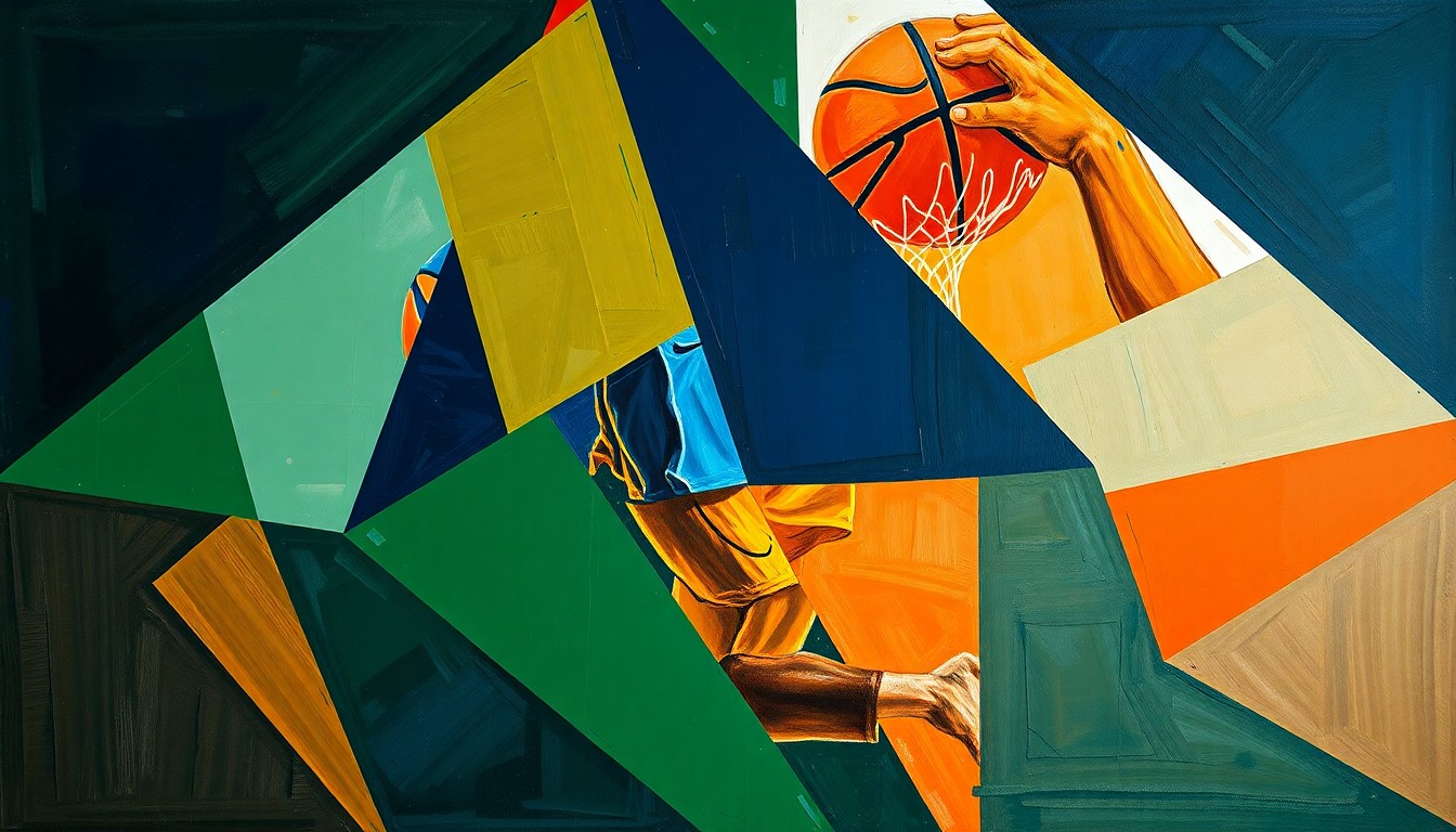 A fractured, multi-perspective painting depicting a basketball game or match, with sharp, overlapping geometric planes in navy blue, forest green, and burnt orange, conveying the challenges of transitioning team ownership.