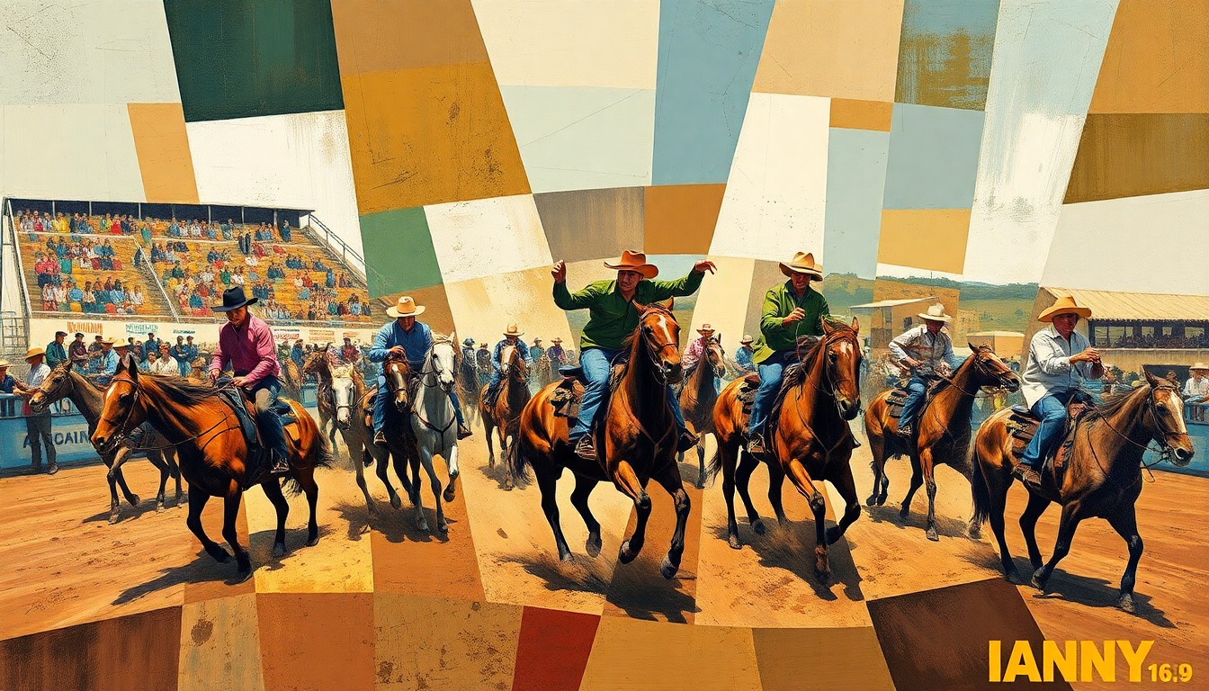 A fragmented, geometric painting depicting the dynamic movements and energy of a rodeo, with cowboys, horses, and rodeo equipment rendered in an abstract, cubist style.