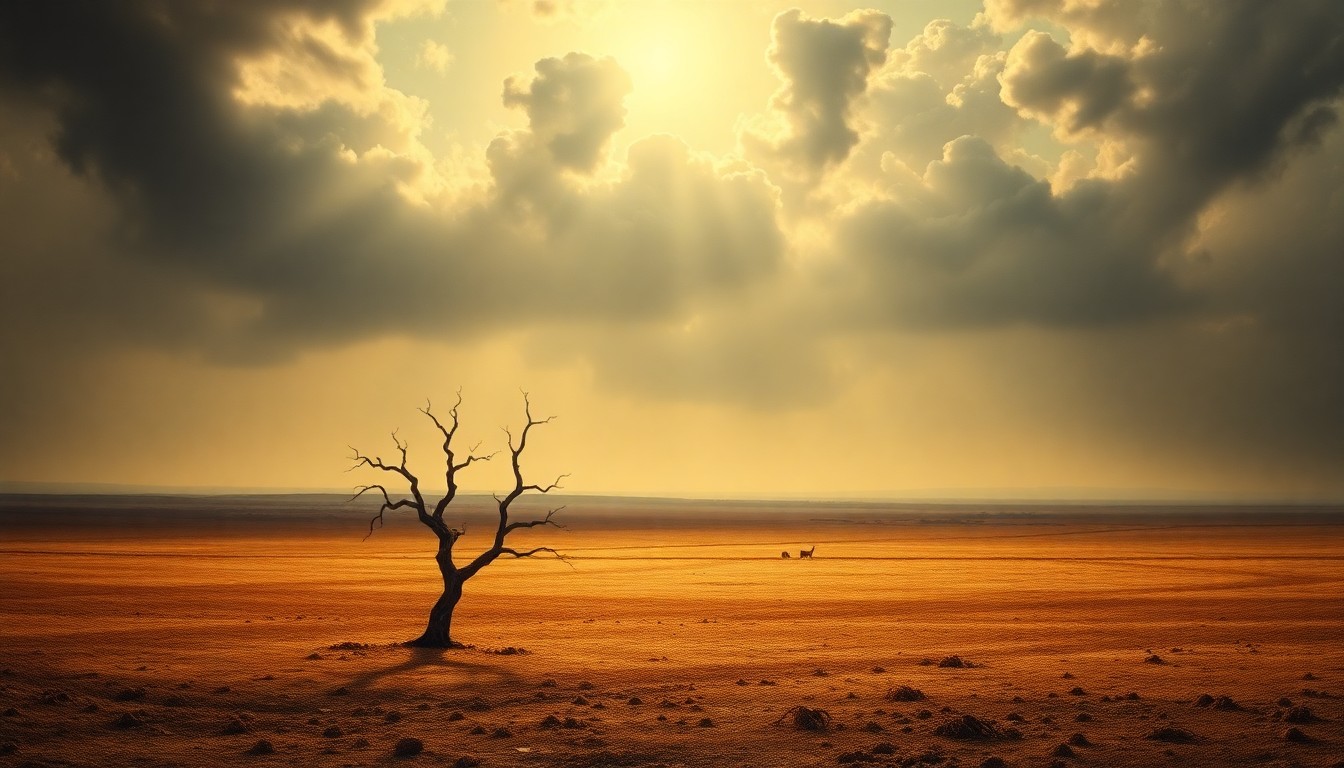 A sweeping, atmospheric landscape painting in muted earth tones, showing a barren, sun-scorched field under a heavy, hazy sky, with a lone, withered tree in the foreground dwarfed by the overwhelming scale of the natural environment.