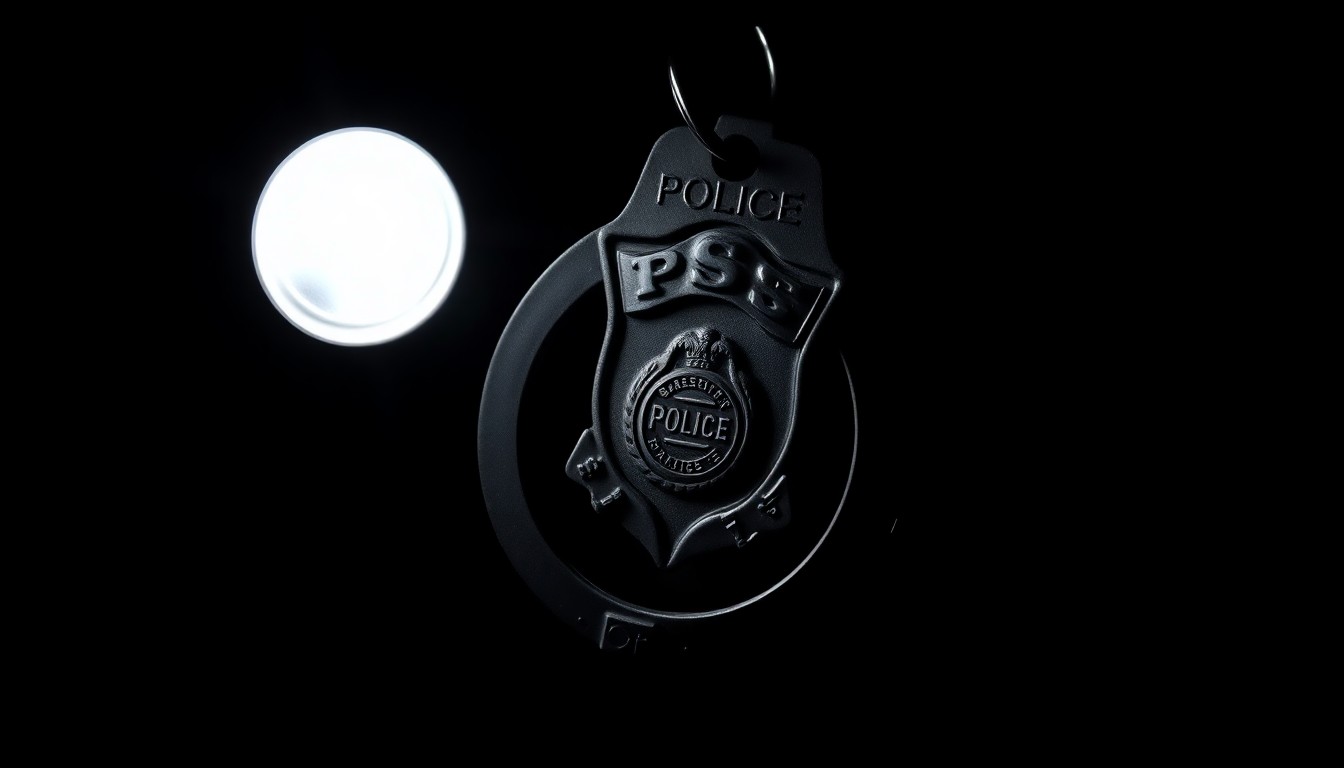 An extreme close-up photograph of a police badge or handcuffs, lit by a harsh, direct camera flash against a pitch-black background, creating a stark, gritty, investigative aesthetic.