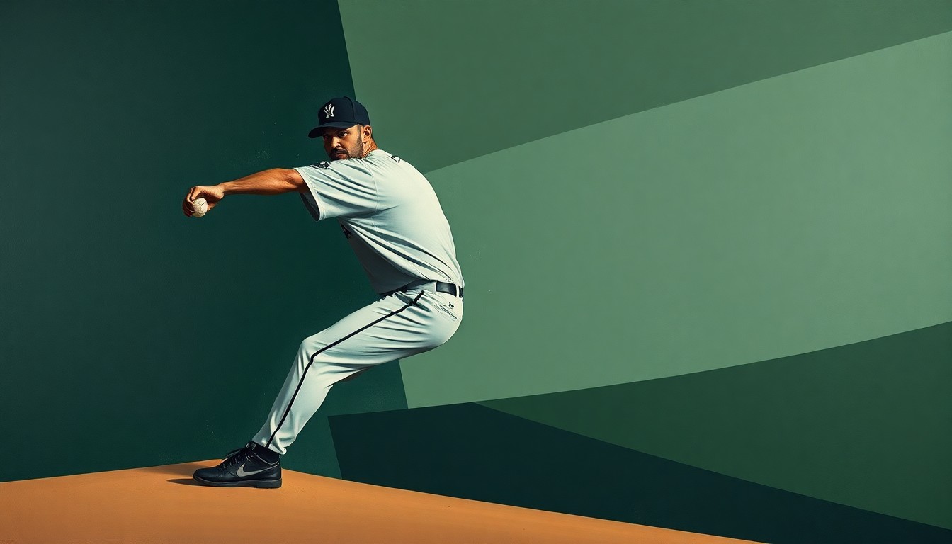 A fractured, cubist-style painting depicting the various angles and perspectives of a baseball pitcher's delivery, with the player's form broken down into sharp, overlapping geometric shapes in muted tones, conveying a sense of the complex dynamics involved in roster management and player development.