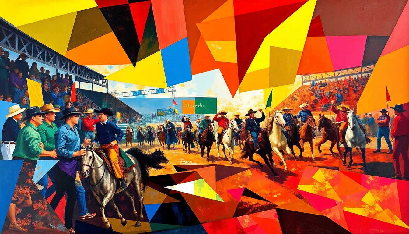 A cubist, geometric painting depicting a rodeo scene with overlapping planes of vibrant colors representing the energy and movement of the event.