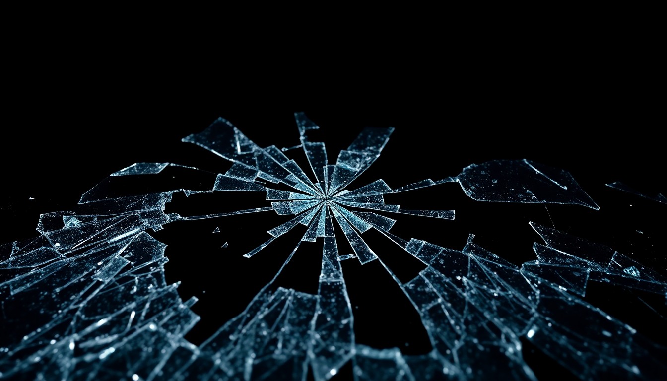 An extreme close-up photograph of a shattered car windshield against a pitch-black background, conceptually illustrating the devastating impact of a pedestrian collision without depicting any actual violence or victims.