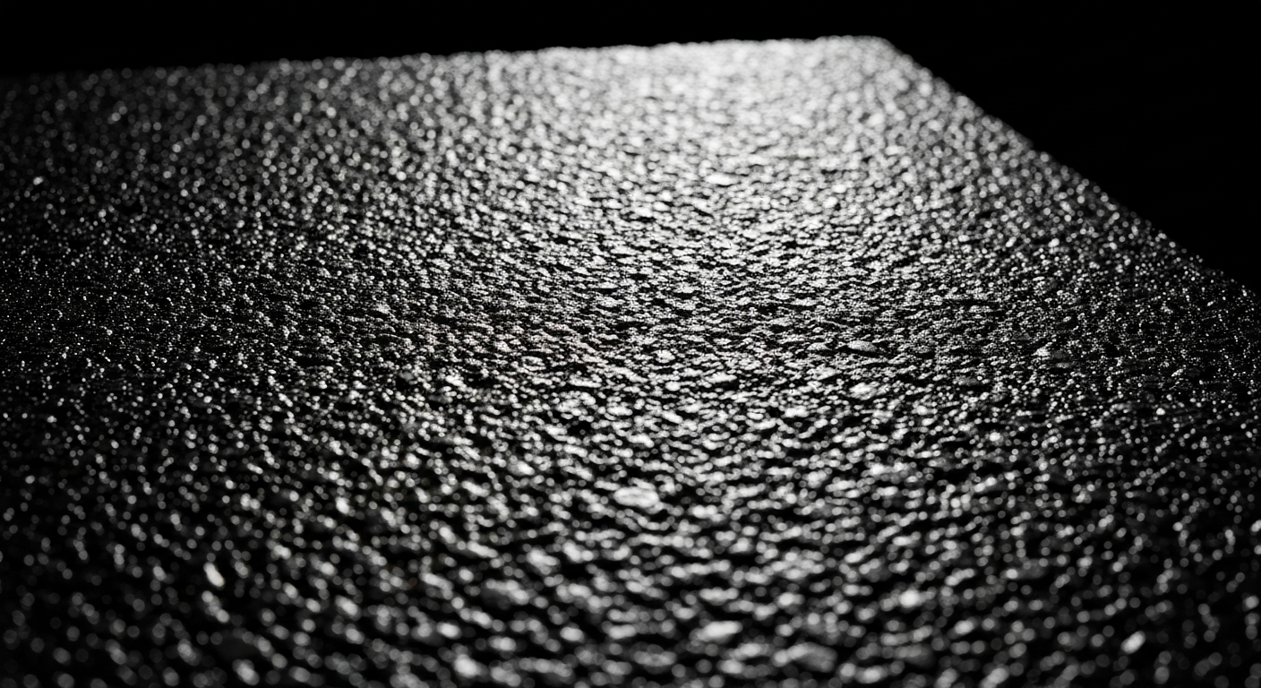 An extreme close-up of the rough, pebbled surface of asphalt mastic material, captured in dramatic lighting to reveal the complex colors and patterns of this specialized pavement repair product.