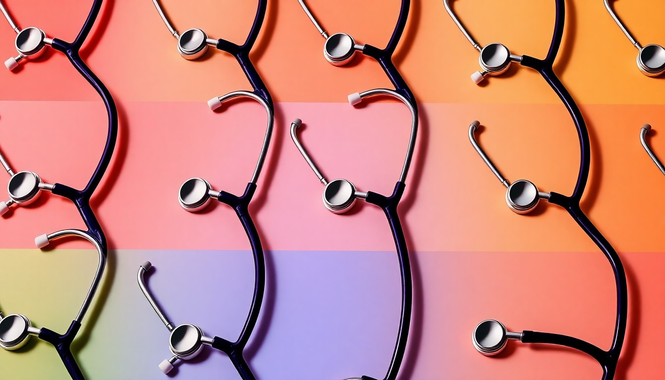 A bold, colorful silkscreen-style illustration featuring a repeating pattern of a medical stethoscope in vibrant neon hues, capturing the energy and accessibility of the new healthcare training program.