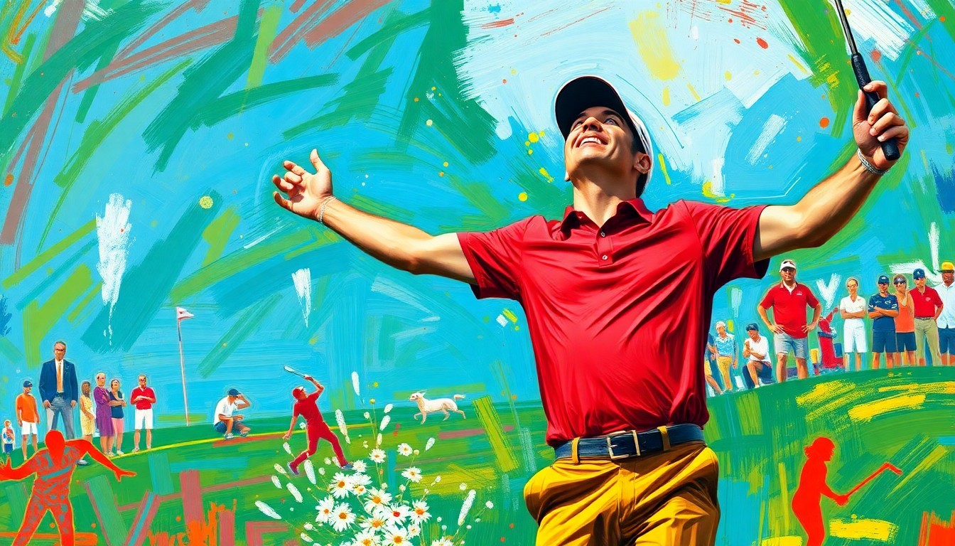 A vibrant, expressionist painting depicting the raw emotion of Gary Woodland as he sinks the final putt of his Houston Open victory, his arms outstretched and face filled with tears of joy.