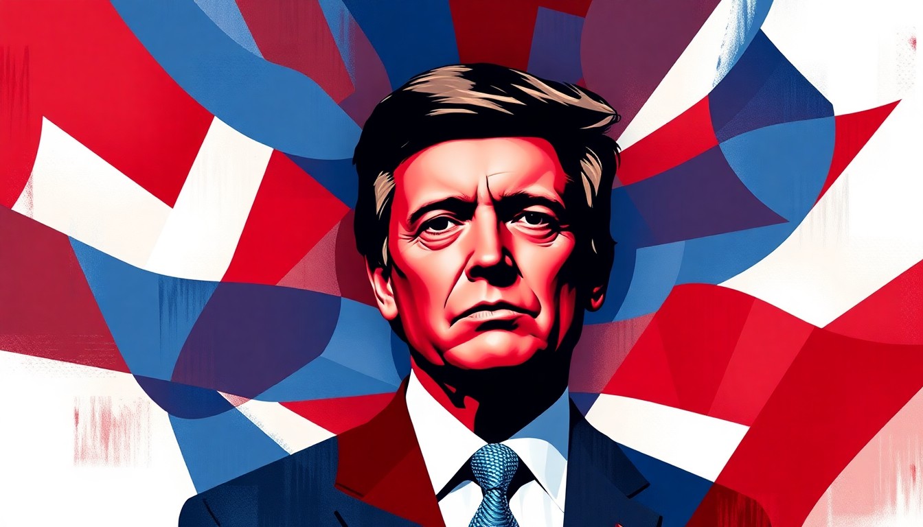 A fractured, abstract painting of a politician's silhouette in overlapping geometric shapes of red, white, and blue, conveying the chaotic nature of political scandals.