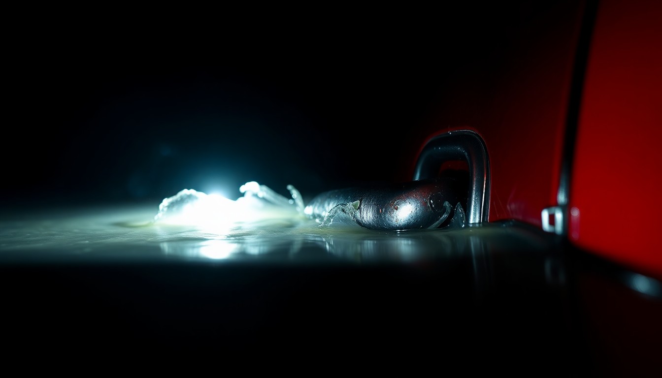 An extreme close-up photograph of a twisted metal car door handle partially submerged in dark, murky water, conveying the grim aftermath of a tragic incident.