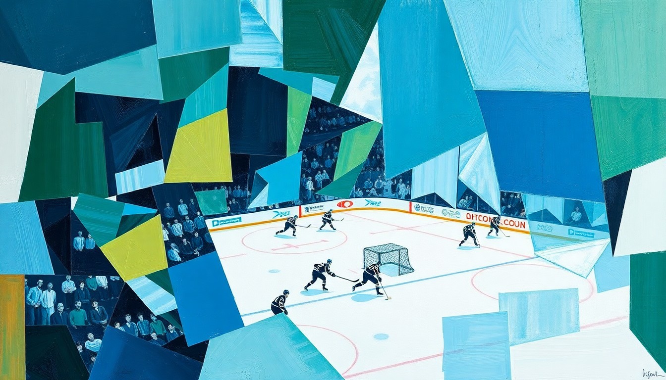 A cubist, geometric painting depicting a hockey game, with the players and rink broken down into overlapping planes of blue, green, and white, conveying the intensity and uncertainty of the Wild's playoff push.