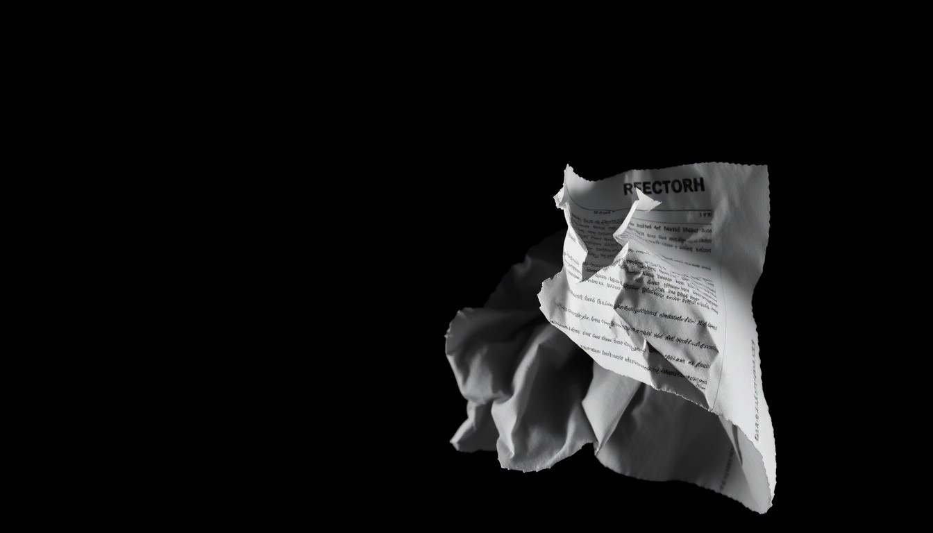 An extreme close-up photograph of a crumpled, torn financial document or record, lit by a harsh camera flash against a pitch-black background, conceptually representing the evidence and investigation in the FirstEnergy corruption case.