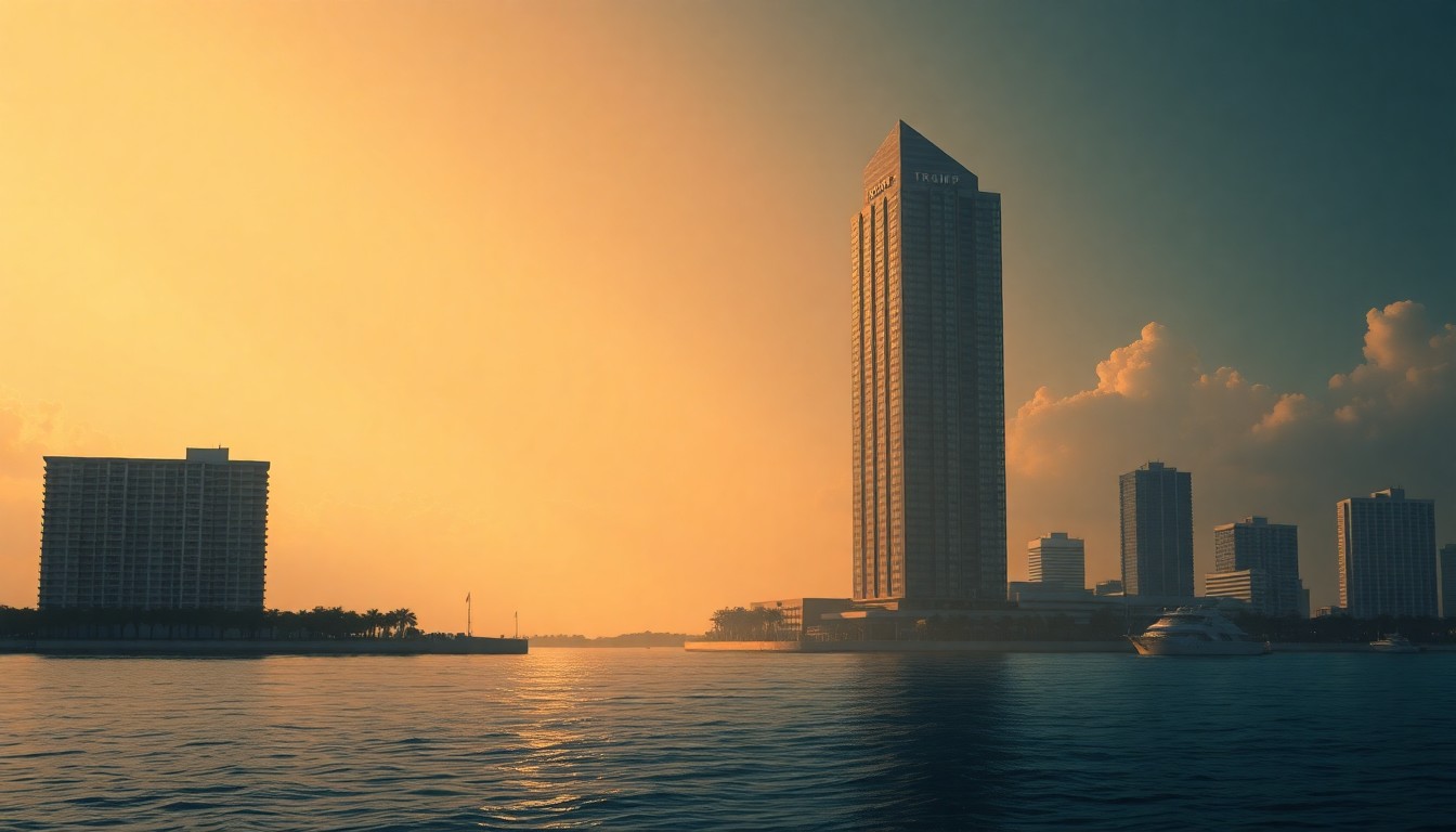 A cinematic painting of a solitary skyscraper with the 'Trump' name in large block letters, bathed in warm, diagonal sunlight and deep shadows on the Biscayne Bay waterfront, conceptually representing the former president's efforts to cement his legacy through a grand presidential library project.