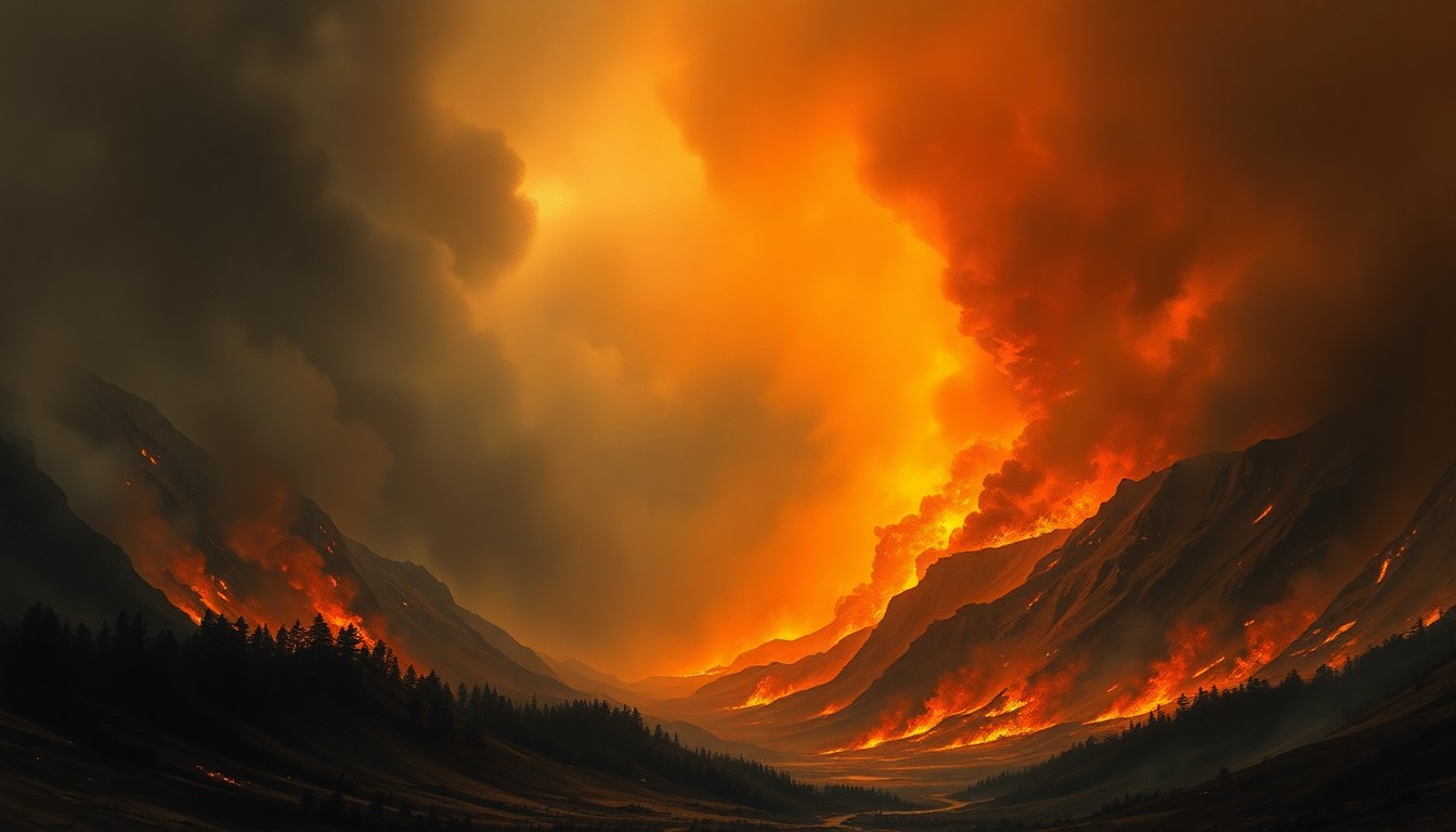 A sweeping, atmospheric landscape painting depicting a massive wildfire, with flames and thick smoke dominating the frame and dwarfing any physical structures or objects in the scene.