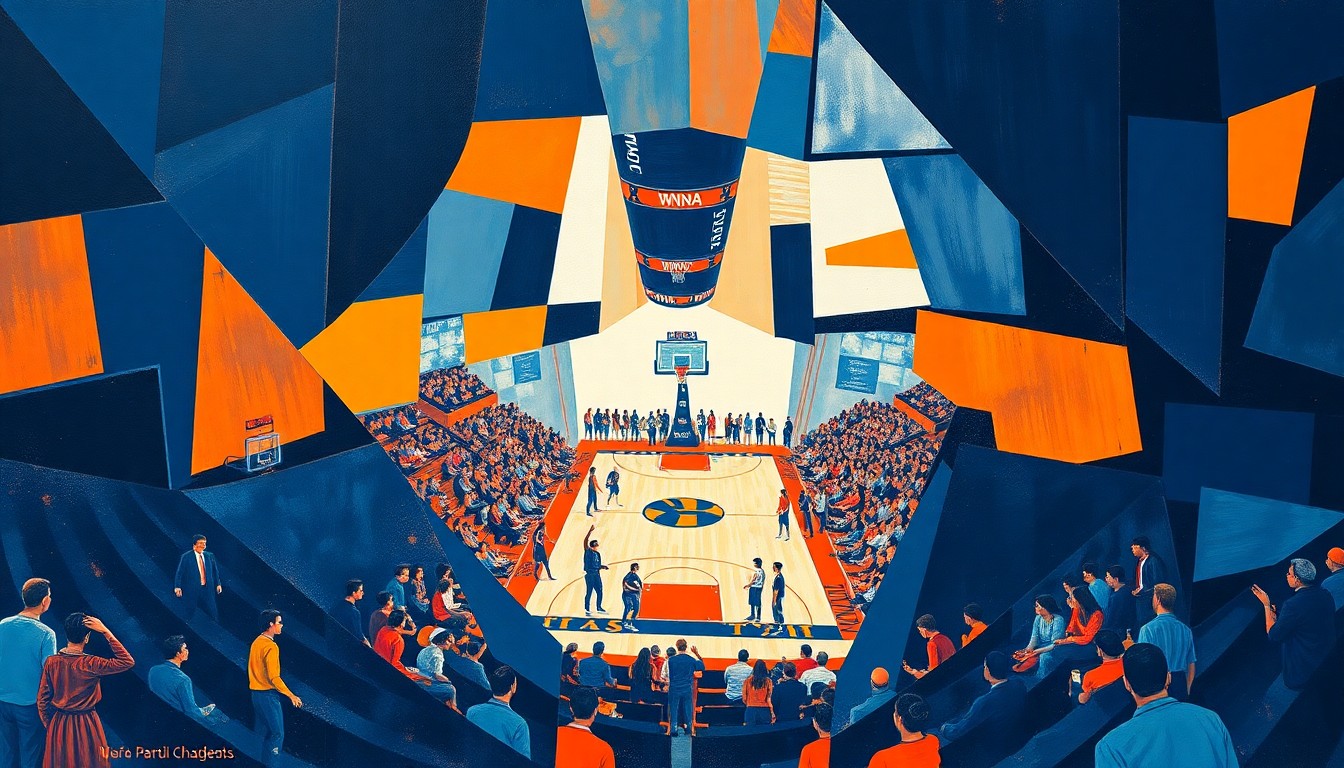 A cubist, fragmented painting depicting a WNBA basketball game, with players, hoops, and spectators rendered in sharp, overlapping geometric shapes in a vibrant color palette, conceptually representing the dynamic partnership between Sunglass Hut and the New York Liberty.