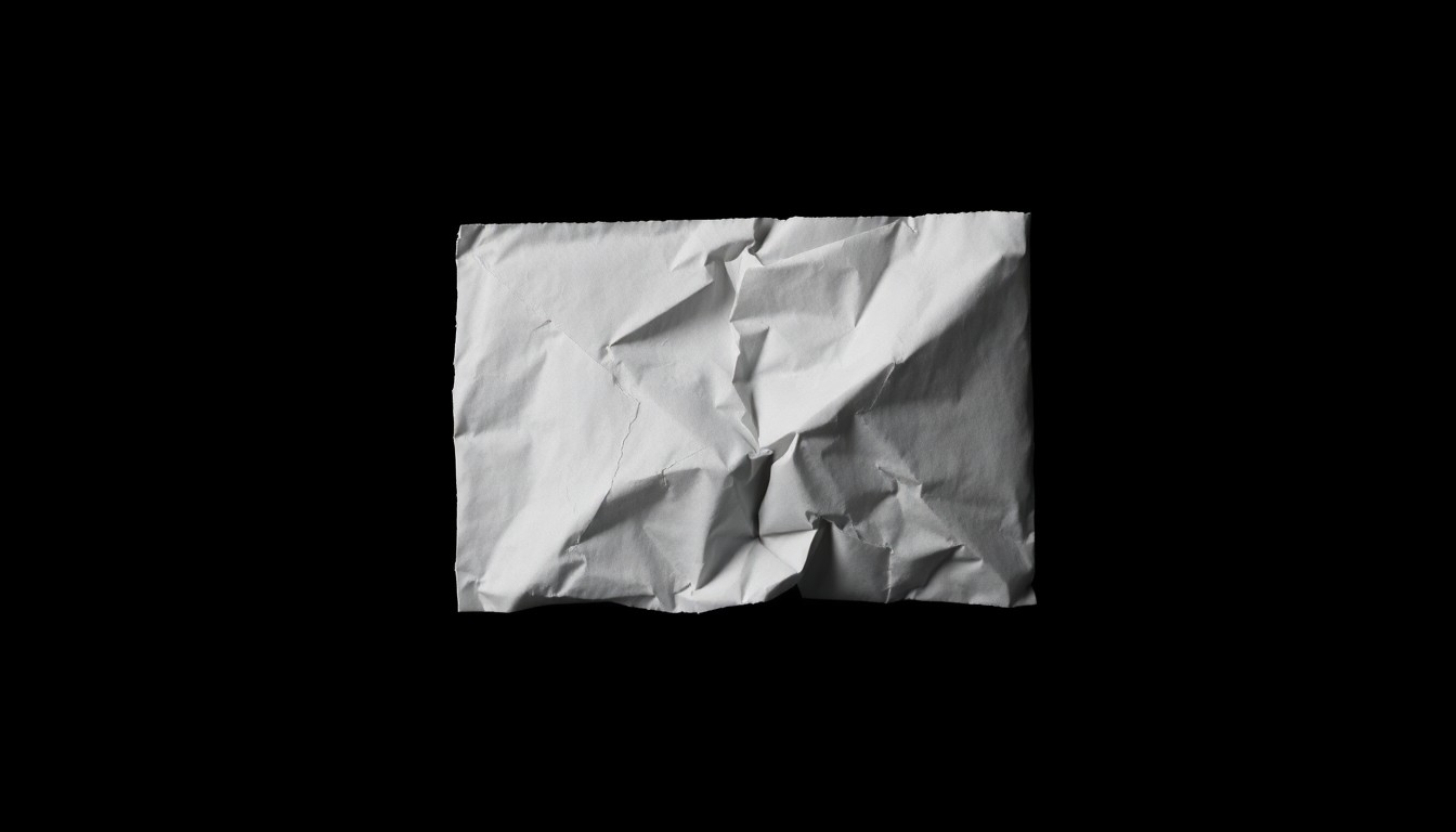 An extreme close-up of a crumpled, tattered financial document or envelope, lit by a harsh flash against a dark background, conveying the gritty, investigative nature of this fraud case without depicting any actual violence or victims.