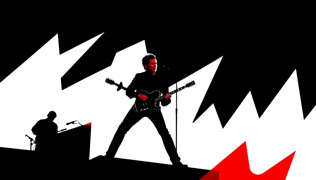 A striking black silhouette of Bruce Springsteen's iconic guitar pose, set against a bold, geometric background of red and white shapes, capturing the energy and power of his live shows.