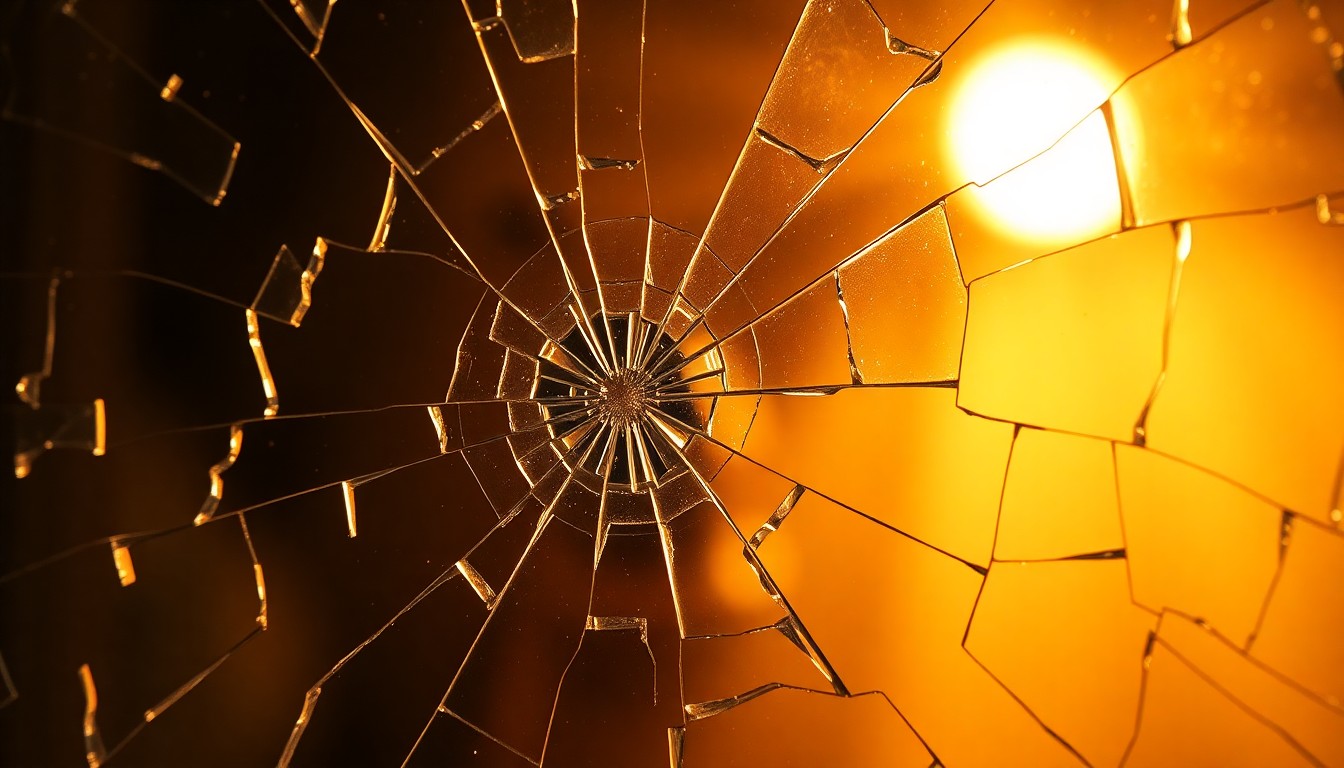 An extreme close-up photograph of shattered glass reflecting a soft, warm light, conceptually representing the emotional fragility and resilience of a TV personality returning to the spotlight after a personal crisis.