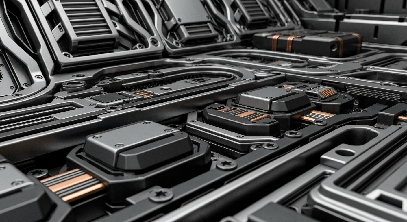 An extreme close-up of complex, industrial-grade computer components and machinery in muted metallic tones, conveying the technical sophistication and power of NVIDIA's hardware products.