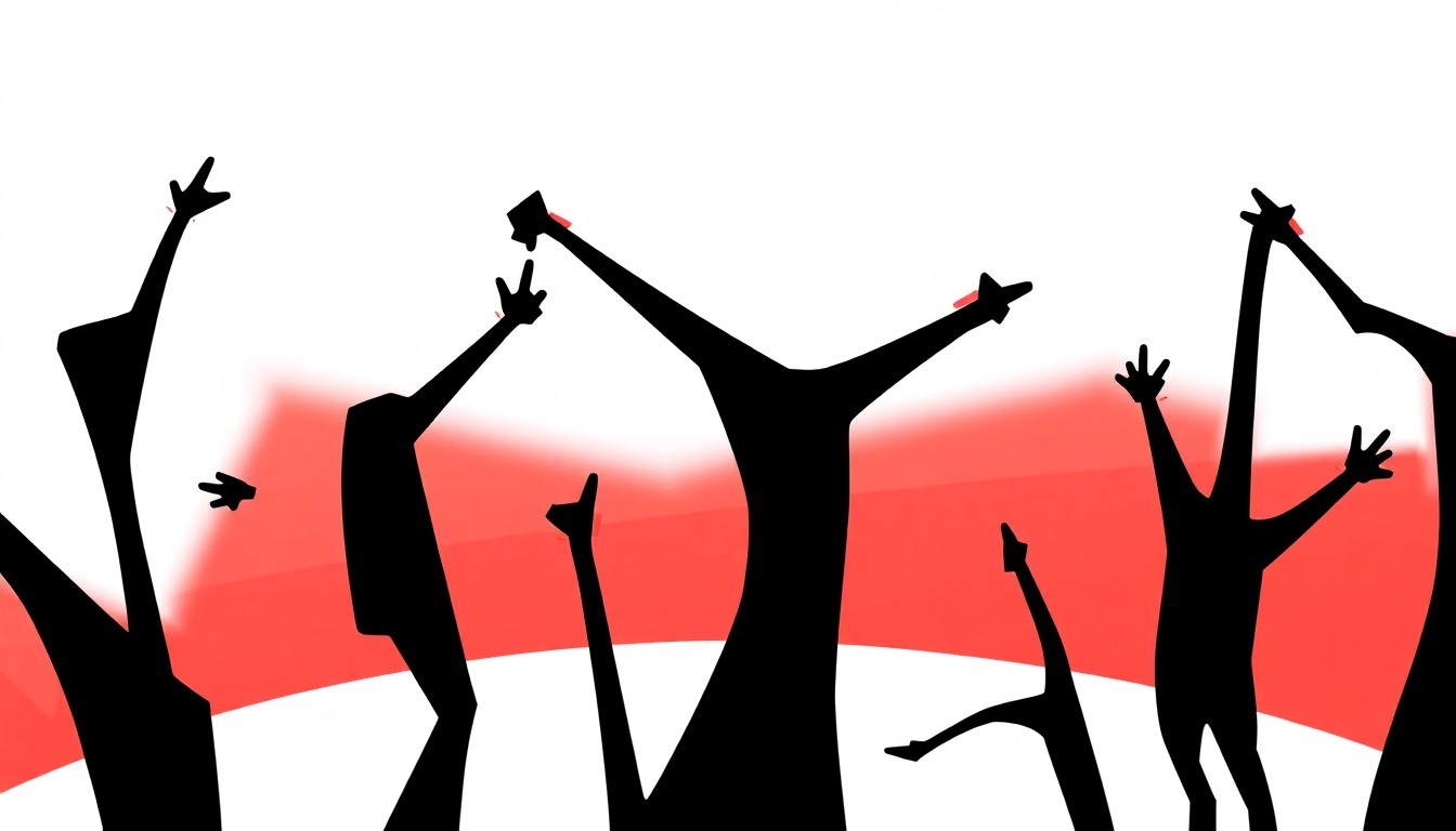 An abstract, minimalist illustration featuring sharp, angular black shapes against a vibrant red and white background, capturing the lively and energetic spirit of a comedy festival.