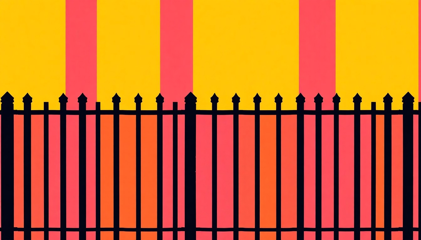 A high-contrast silkscreen print in neon shades of blue, pink, and yellow, featuring a repeated pattern of a simple metal fence post design rendered in a stylized, abstract manner.