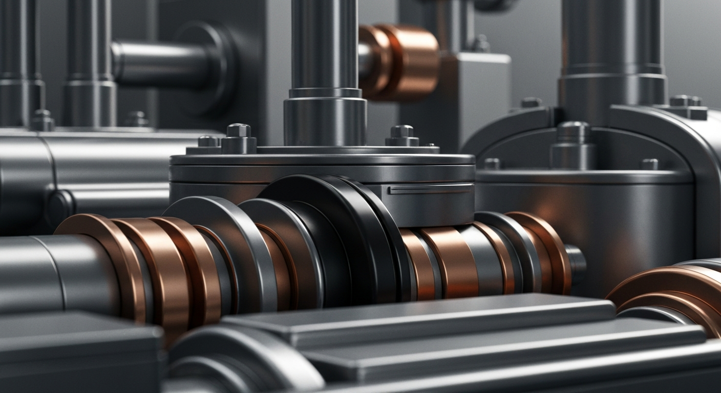 An extreme close-up of gleaming, heavy industrial banking equipment and machinery, conveying a sense of institutional financial power and security without using literal currency or charts.