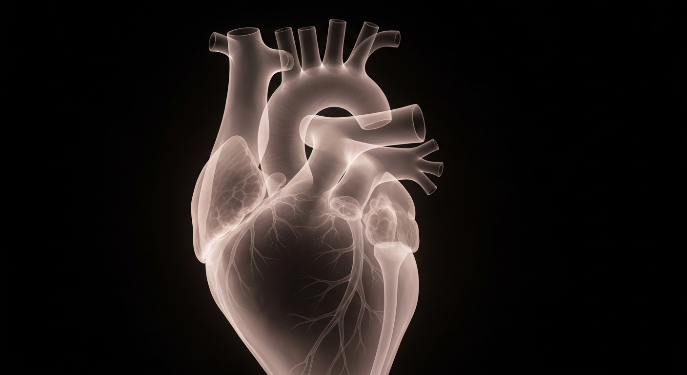 A translucent X-ray photograph revealing the delicate internal structure of a human heart, glowing against a dark background, representing the complex emotional and spiritual journey of healing from the trauma of suicide.
