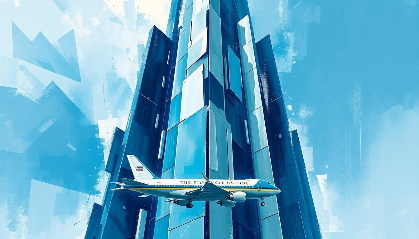 A dynamic, abstract painting depicting a futuristic skyscraper in shades of blue and silver, with the silhouette of Air Force One in the foreground, conveying a sense of political power and technological innovation.